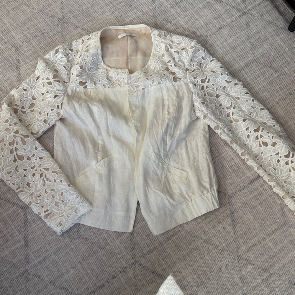 Promod ivory Lace-Detail open front Blazer linen sz EU 38/40 fits like M